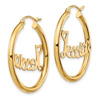 14K Yellow Gold Satin and Diamond-cut Name Plate Hoop Earrings view 2