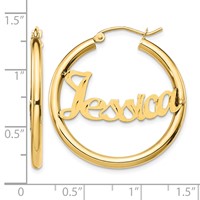 14K Yellow Gold Satin and Diamond-cut Name Plate Hoop Earrings view 3