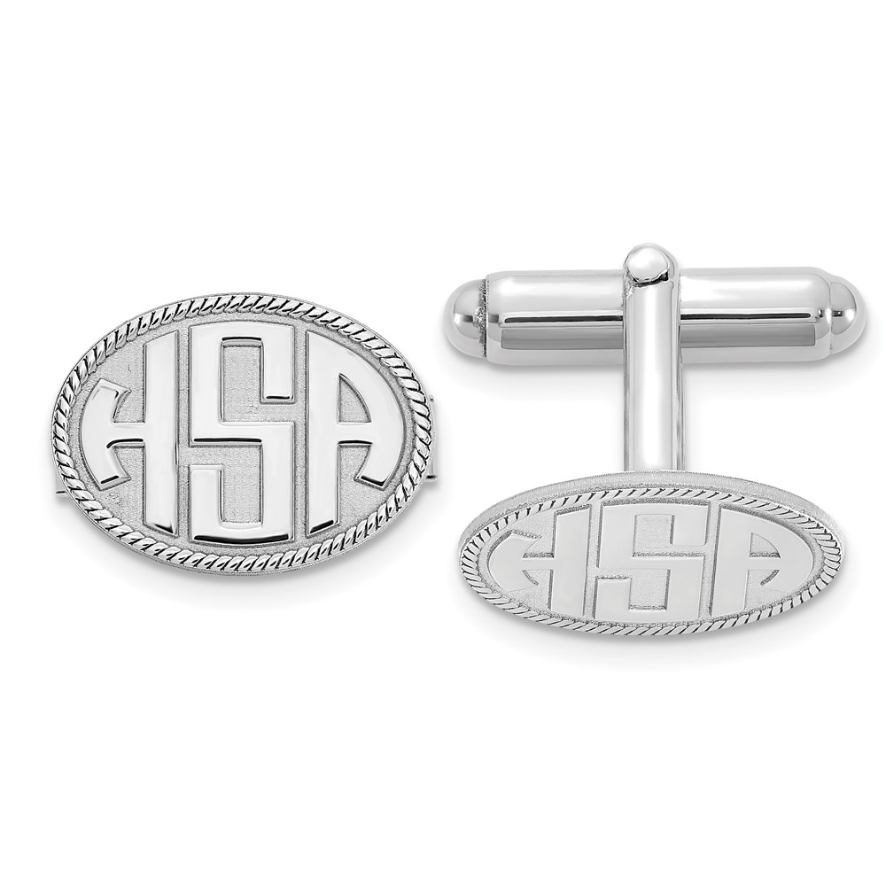 SS Rhod-plated Raised Letter Oval with Boarder Monogram Cuff Link