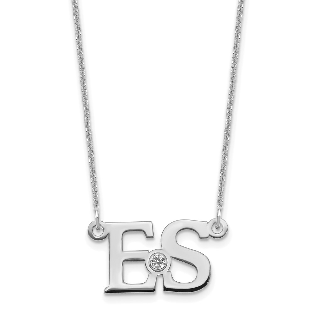 10K White Gold WG 2 Initials Necklace with 14K Rhod-pltd Bezel Birthstone