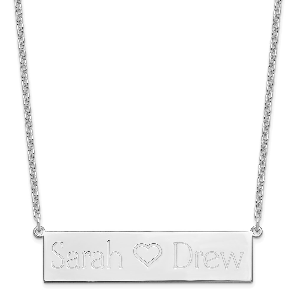 SS Rhodium-plated Brushed 2 Names and Heart Bar Necklace
