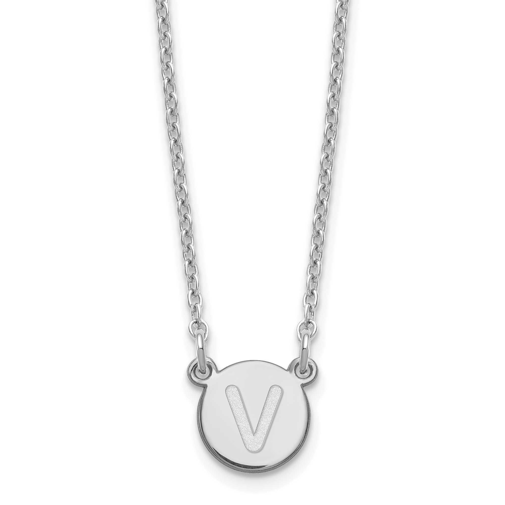 Sterling Silver Rhodium-plated Tiny Circle Block Letter V Initial Necklace (XNA722SS/V)