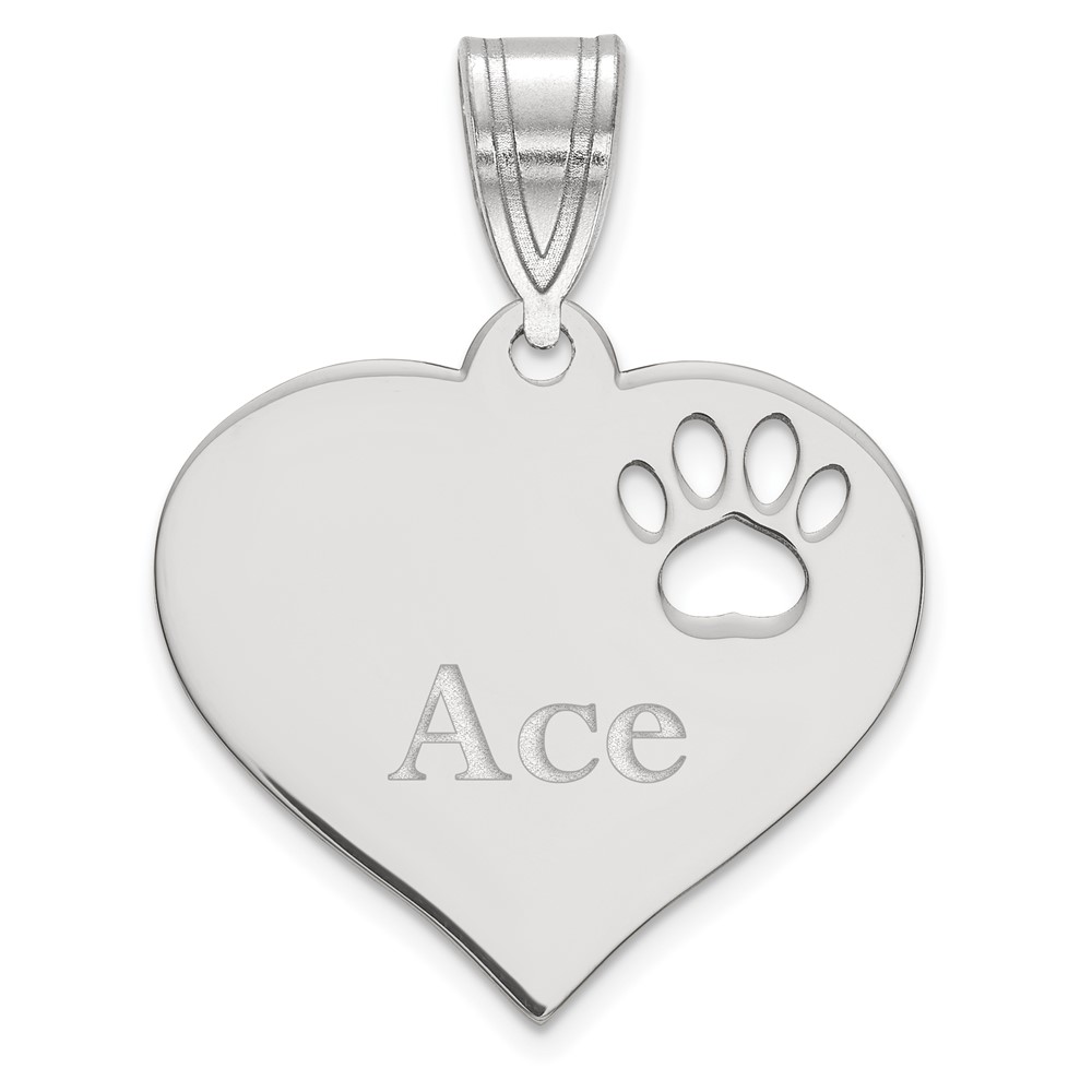 SS Rhod-plated Heart Pendant with Name and Paw Print Cut-out