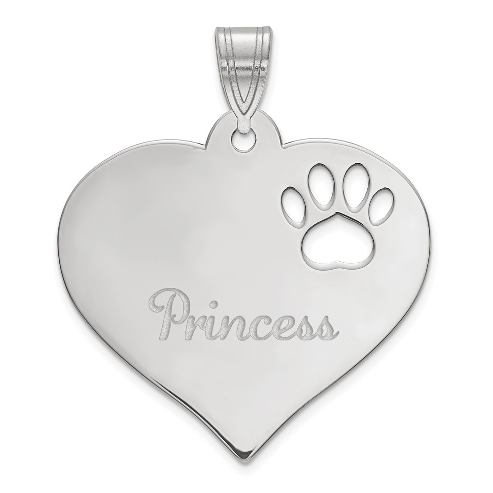 SS Rhod-plated Heart Pendant with Name and Paw Print Cut-out