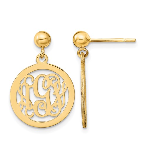14K Yellow Gold Round Monogram Dangle Earrings