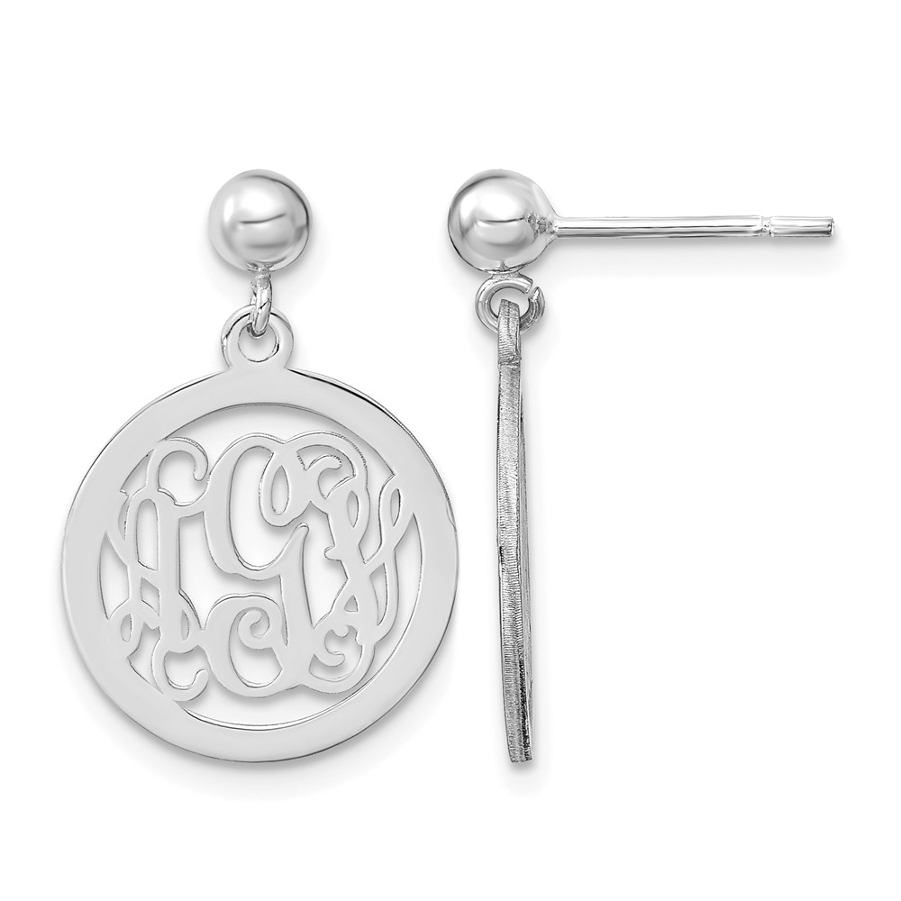 Sterling Silver Rhodium-plated Round Monogram Dangle Earrings