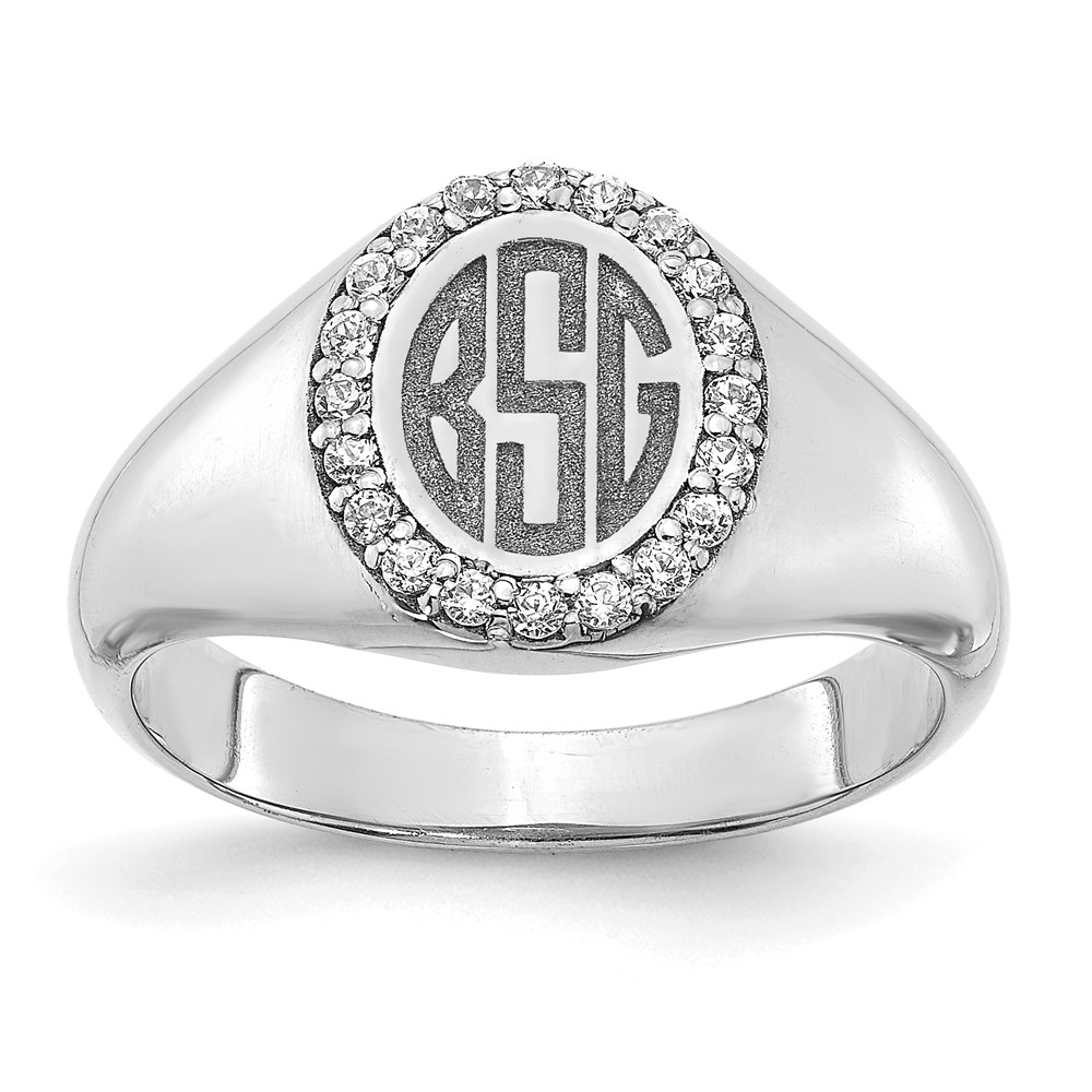 SS/Rhodium-plated Large Diamond Oval Classic Monogram Signet Ring