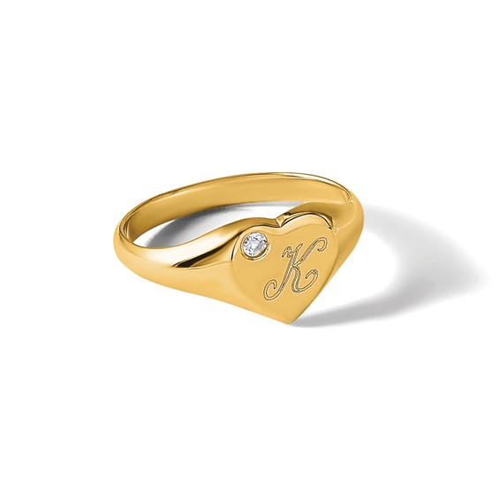 Diamond Heart Signet Initial Rings