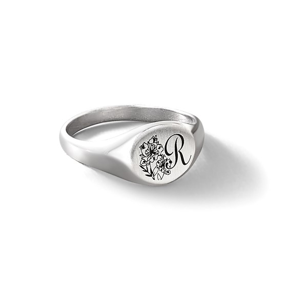 SS/Rhodium-plated Epoxy Initial and Birth Flower Signet Ring
