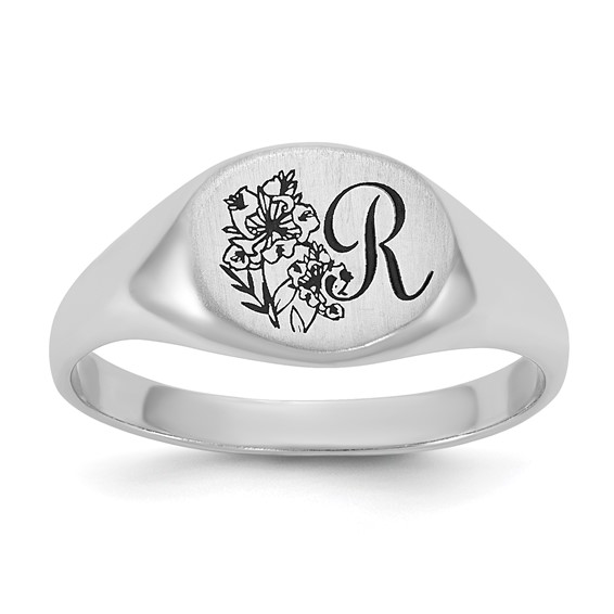 14k White Gold Epoxy Initial and Birth Flower Signet Ring