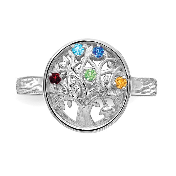 Sterling Silver Rhodium-plated Family Tree Ring with 5 Synthetic Birthstone