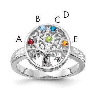 Sterling Silver Rhodium-plated Family Tree Ring with 5 Synthetic Birthstone