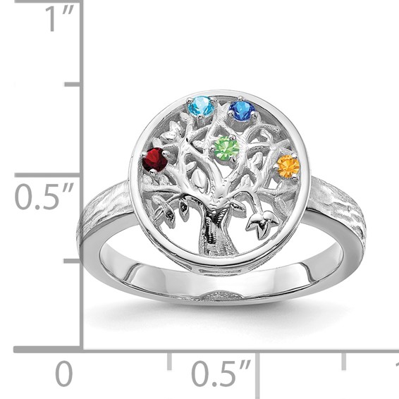 Sterling Silver Rhodium-plated Family Tree Ring with 5 Synthetic Birthstone