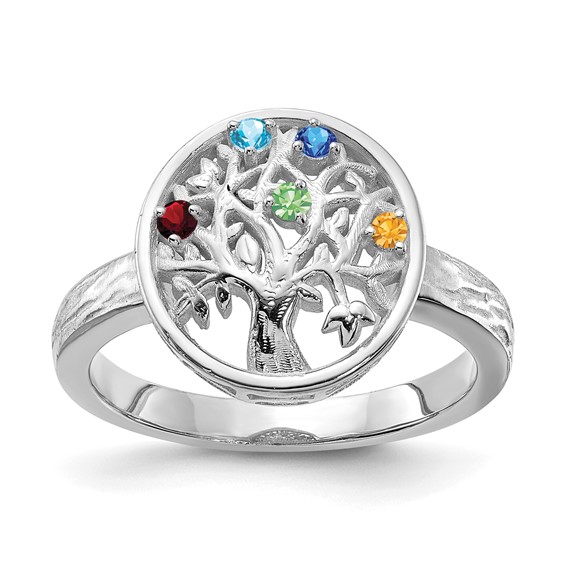 Sterling Silver Rhodium-plated Family Tree Ring with 5 Synthetic Birthstone