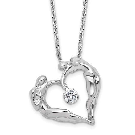 Sterling Silver Polished Large CZ Lovers Heart Necklace