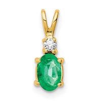 14K Yellow Gold 6x 4mm Oval Emerald and AA Diamond Pendant view 1