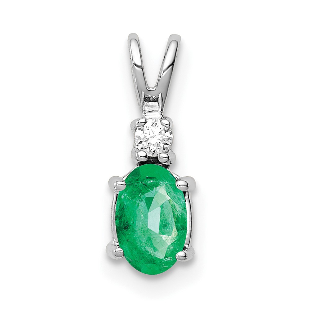 14K White Gold 6x4mm Oval Emerald and AA Diamond Pendant