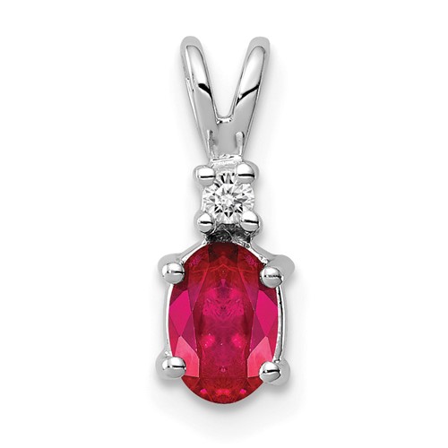 14K White Gold 6x 4mm Oval Ruby and Aaa Diamond Pendant