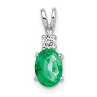 14K White Gold 7x5mm Oval Emerald and Aaa Diamond Pendant view 1
