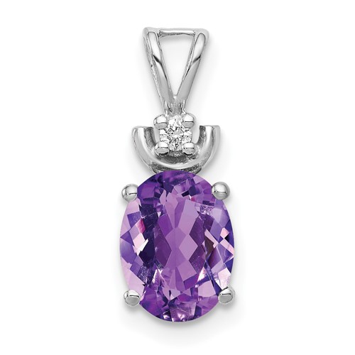 14K White Gold 8x 6mm Oval Amethyst and VS Diamond Pendant