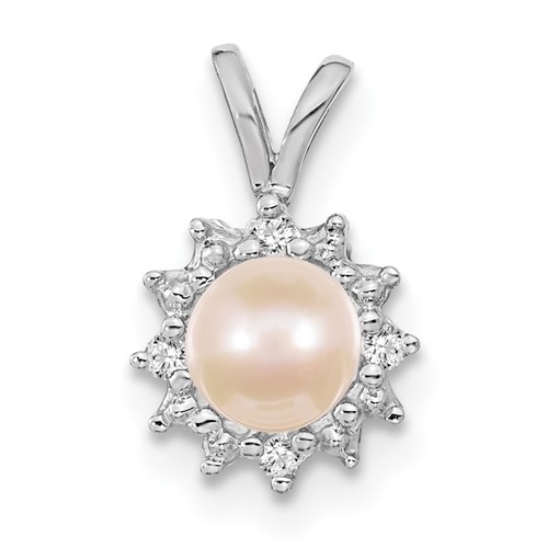 14K White Gold 4-5mm Near Round White Freshwater Cultured Pearl and Aaa Diamond Pendant