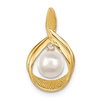 14K Yellow Gold 7-8mm Near Round White Freshwater Cultured Pearl and a Diamond Pendant view 1