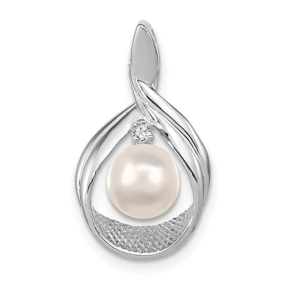 14K White Gold 7-8mm Near Round White Freshwater Cultured Pearl and Aaa Diamond Pendant