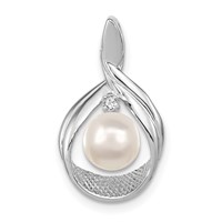 14K White Gold 7-8mm Near Round White Freshwater Cultured Pearl and Aaa Diamond Pendant view 1