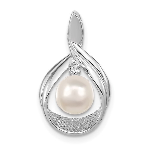 14K White Gold 7-8mm Near Round White Freshwater Cultured Pearl and a Diamond Pendant