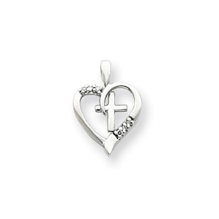 14k White Gold A Diamond Heart & Cross Pendant