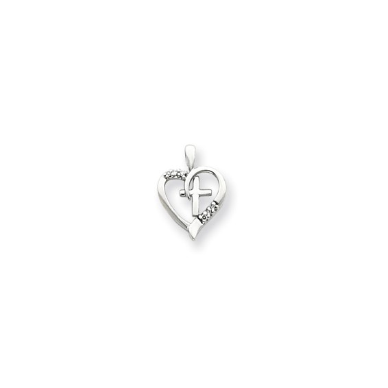 14k White Gold A Diamond Heart & Cross Pendant