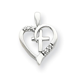 14k White Gold AA Diamond Heart & Cross Pendant