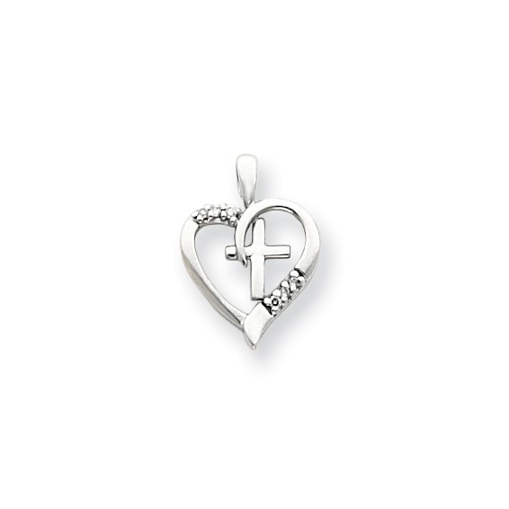 14k White Gold AA Diamond Heart & Cross Pendant