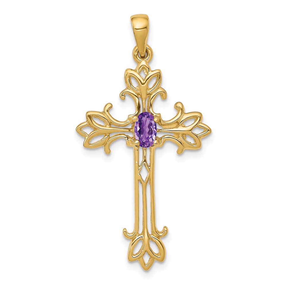 14K Yellow Gold 5x 3mm Oval Amethyst Cross Pendant