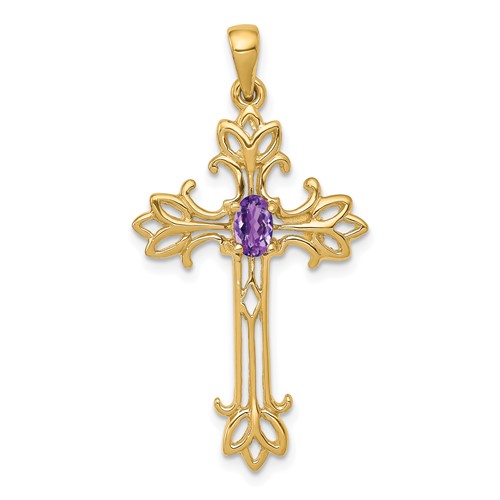 14K Yellow Gold 5x 3mm Oval Amethyst Cross Pendant