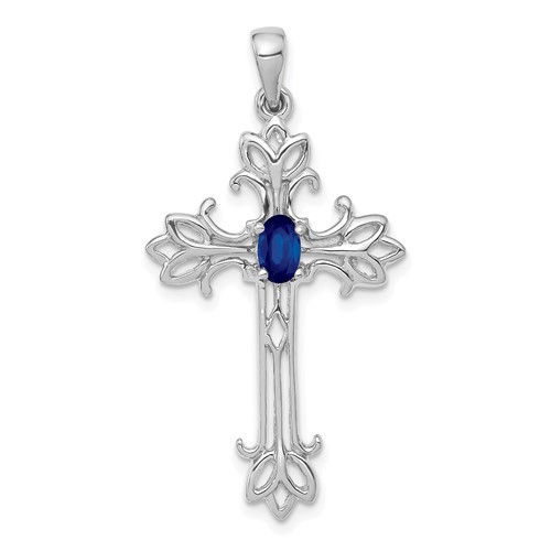 14K White Gold 5x 3mm Sapphire Cross Pendant