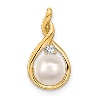 14K Yellow Gold 7-8mm Near Round White Freshwater Cultured Pearl and AA Diamond Pendant view 1