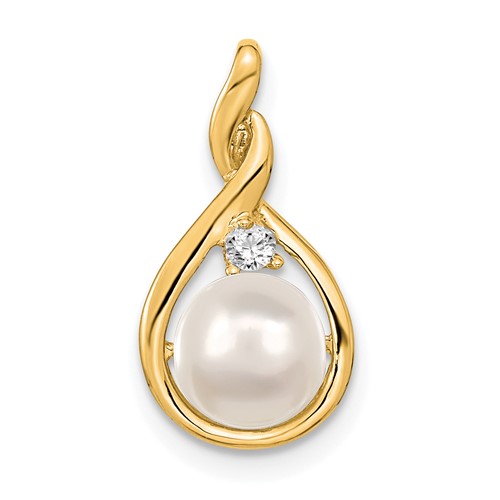 14K Yellow Gold 7-8mm Near Round White Freshwater Cultured Pearl and AA Diamond Pendant