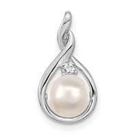 14K White Gold 7-8mm Near Round White Freshwater Cultured Pearl and AA Diamond Pendant view 1