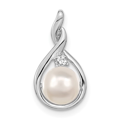 14K White Gold 7-8mm Near Round White Freshwater Cultured Pearl and AA Diamond Pendant