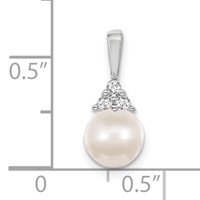 14K White Gold 7-8mm Near Round White Freshwater Cultured Pearl and AA Diamond Pendant view 2
