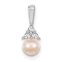 14K White Gold 7-8mm Near Round White Freshwater Cultured Pearl and AA Diamond Pendant view 1