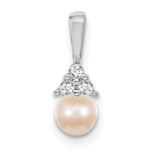 14K White Gold 7-8mm Near Round White Freshwater Cultured Pearl and AA Diamond Pendant