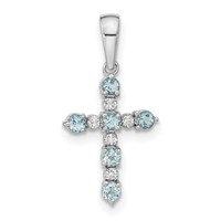 14K White Gold Blue Topaz and Diamond Cross Pendant view 1