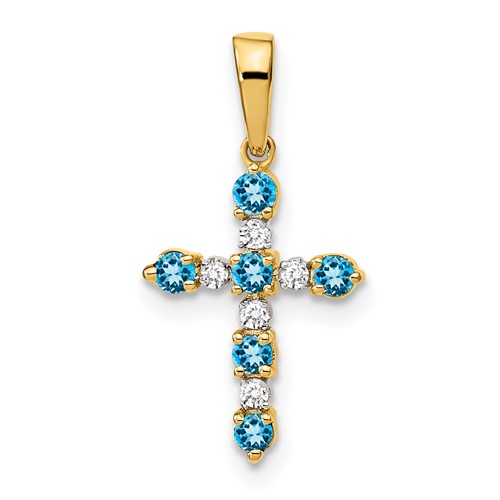 14K Yellow Gold Blue Topaz and Diamond Cross Pendant