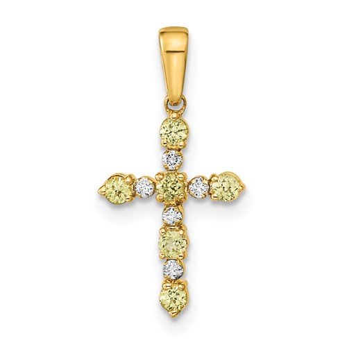 14K Yellow Gold Peridot and Diamond Cross Pendant