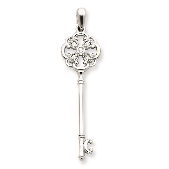 14K White Gold AA Diamond Key Pendant