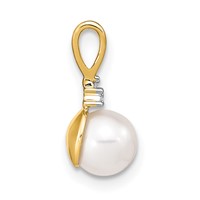 14K Yellow Gold 6-7mm White Round Freshwater Cultured Pearl and Diamond Pendant view 2