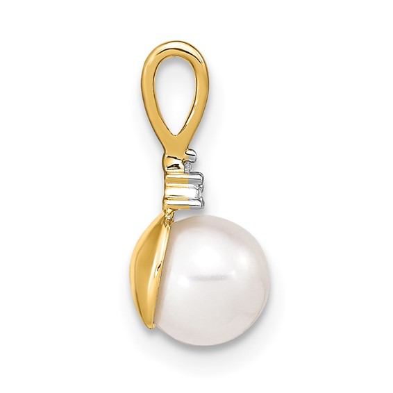 14k 6-7mm White Round Freshwater Cultured Pearl and Diamond Pendant