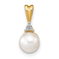 14K Yellow Gold 6-7mm White Round Freshwater Cultured Pearl and Diamond Pendant view 1